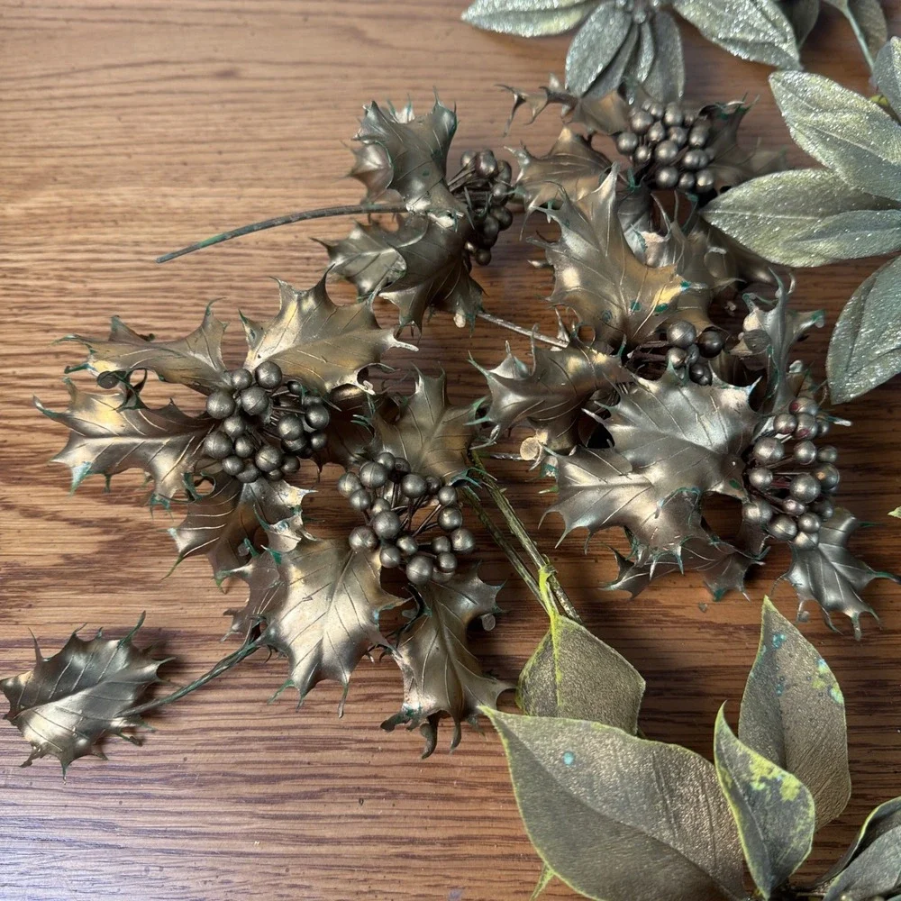 Vintage Metallic Gold‎ Artificial Poinsettia Holly Berry Picks Christmas Decor